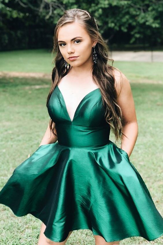 cute short hunter green homecoming dresses with pockets cg11717