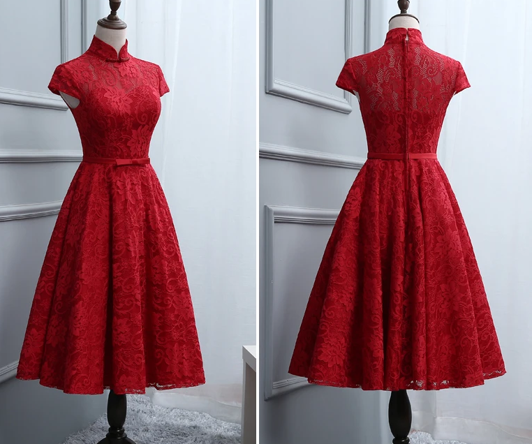 Red Lace Knee Length High Neckline Party Dress, Lace Homecoming Dresses cg11726