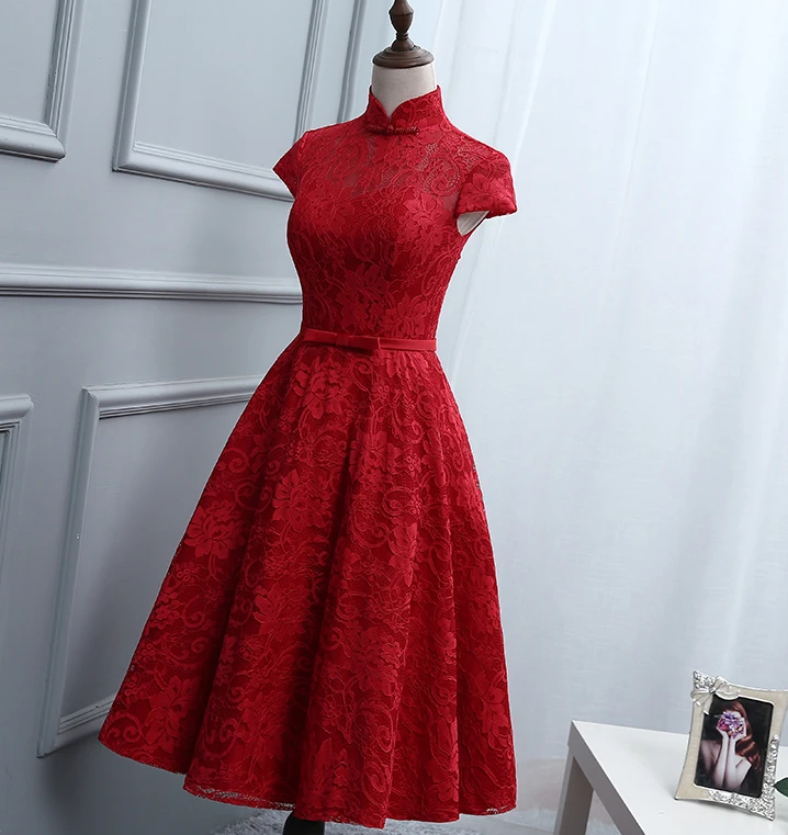 Red Lace Knee Length High Neckline Party Dress, Lace Homecoming Dresses cg11726