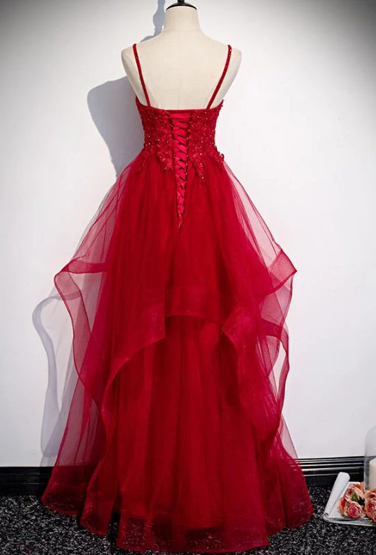 Red Lace Tulle Layered Straps Fashionable Long Party Dress, Long Prom Gown cg11729