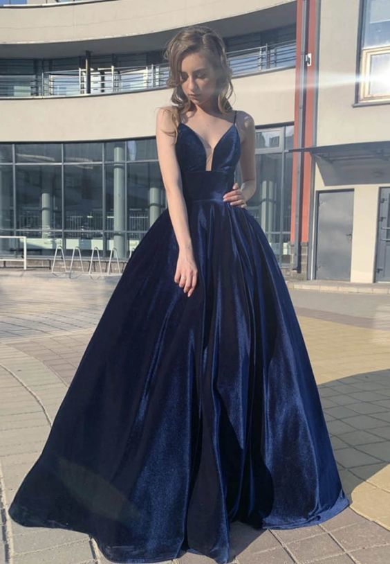 Blue v neck velvet long prom dress evening dress cg11734