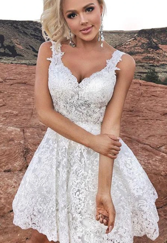 Cute V Neck Short White Lace Homecoming Dress cg11741