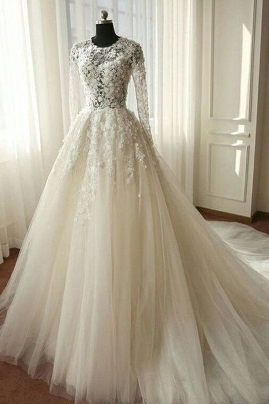 Weiße Organza-Spitze mit langen Ärmeln durchsichtige A-Linie lange Kleider, Brautkleider Ballkleider cg11748
