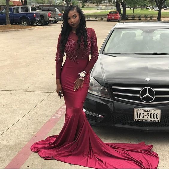 Tulle Appliques Sheer Burgundy Mermaid Long Sleeve Long Train Prom Dress cg11764