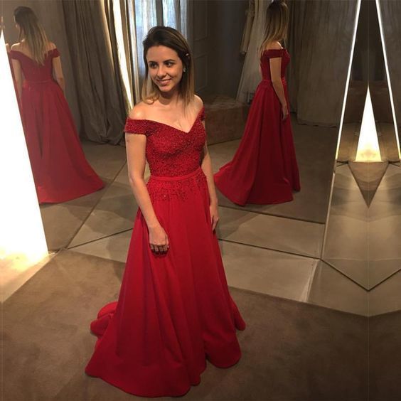 Custom Made Red Prom Dresses,Appliques Lace Evening Party Dress,Sweep Train Long Prom Dress cg11770
