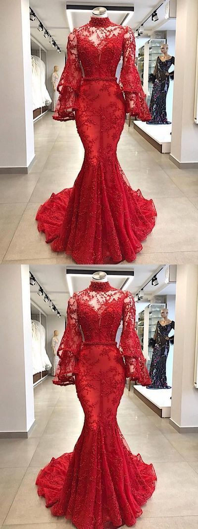Long Sleeve High-Neck Long Red Prom Dresses cg11773