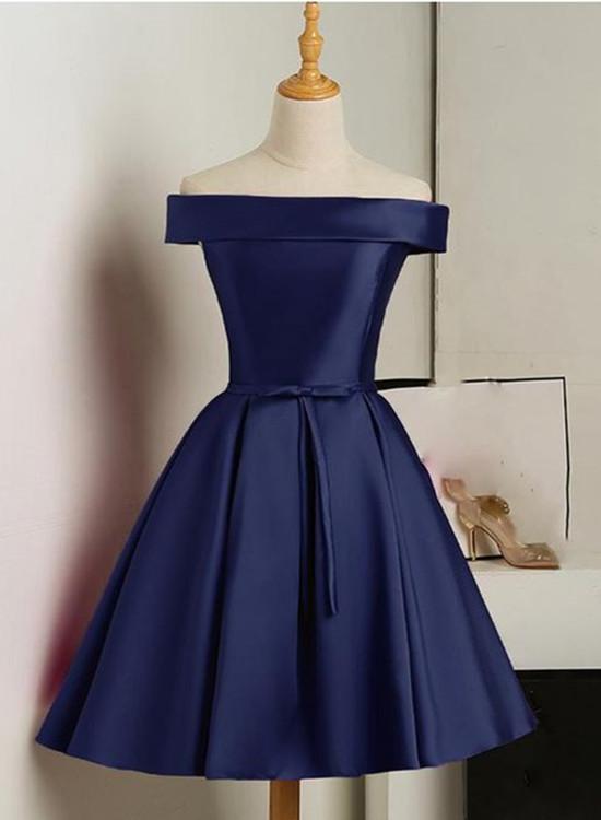 Beautiful Navy Blue Satin Knee Length Homecoming Dress cg11775