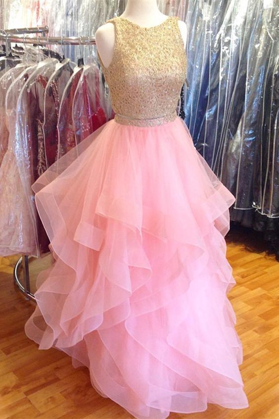 Pink tulle two pieces fashion long prom dress, lace top evening dress cg11779