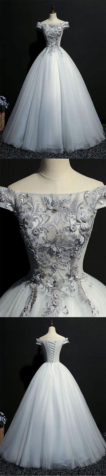 Gray tulle lace off shoulder long prom dress, gray evening dress cg11799