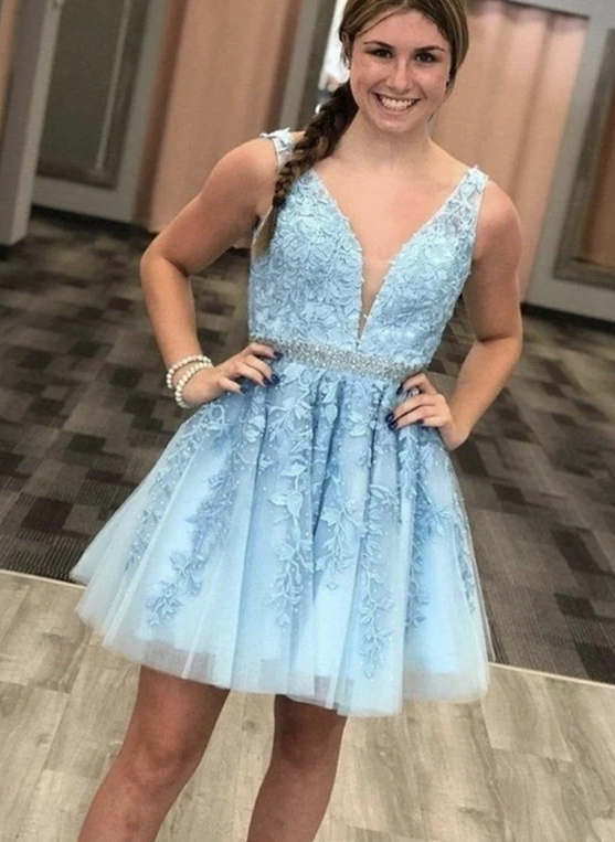 Blue v neck tulle lace short party dress Short Homecoming Dress cg11811