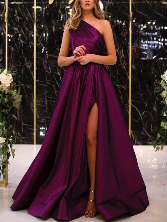 2020 one shoulder pleats side slit a line satin long evening dresses arabic party dresses Prom Dress cg11839