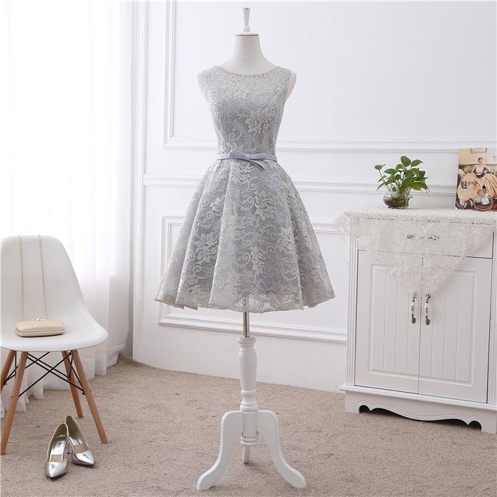 Cute Short Grey Lace Briesmaid Dress, Knee Length Homecoming Dress cg11848