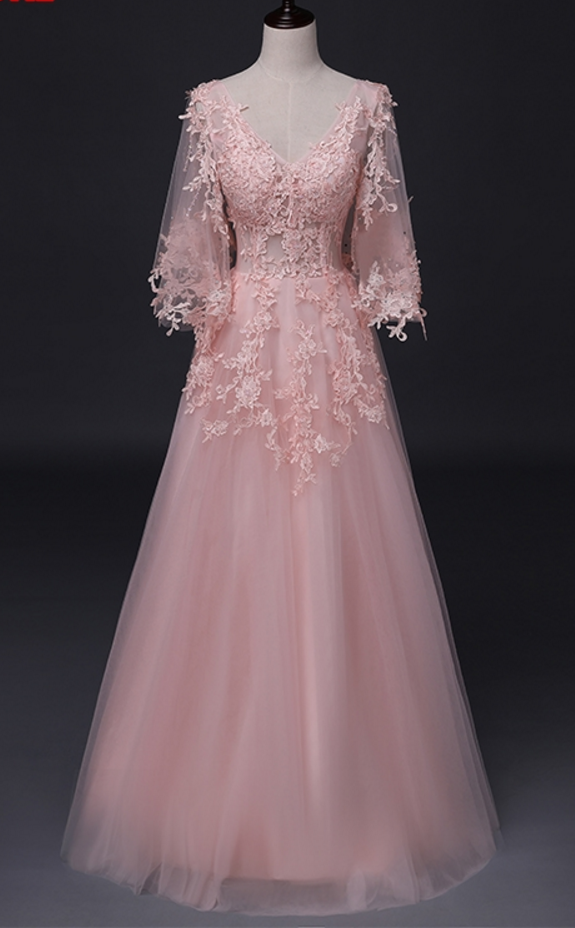 Beautiful Pink V-Neckline Tulle Long Party Dress, Fashionable New Prom Dress cg11849