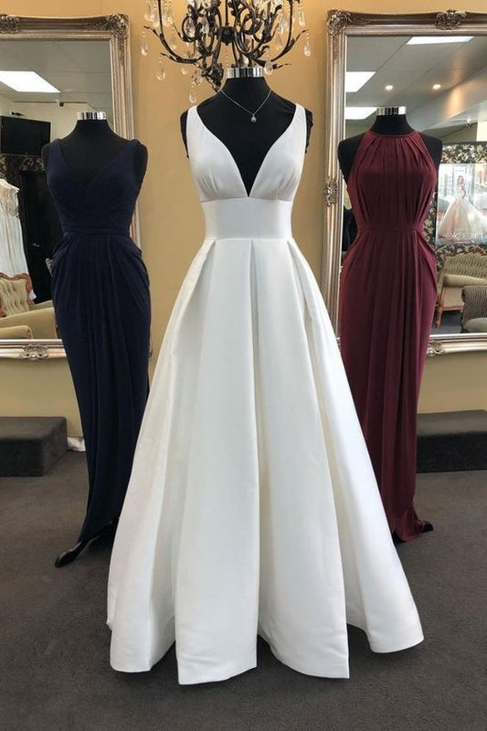 Weißes langes Satin-Ballkleid mit V-Ausschnitt, weißes Abendkleid cg1186