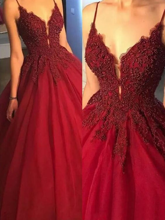 Ballkleid mit Spaghettiträgern, Burgunderrot, Ballkleid mit Perlenapplikationen, cg1187