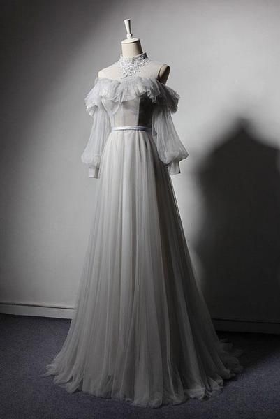Gray Appliques Lace High Neck Prom Dress,Retro Long Sleeve Formal Dresses,Senior Tulle Prom Dresses cg11886