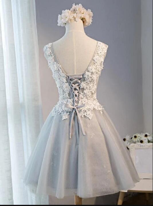 Light Grey Knee Length Tulle And Lace Party Dress, Grey Homecoming Dresses cg11893
