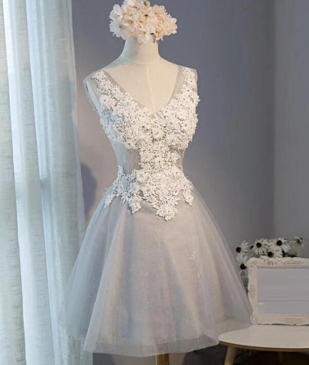 Light Grey Knee Length Tulle And Lace Party Dress, Grey Homecoming Dresses cg11893