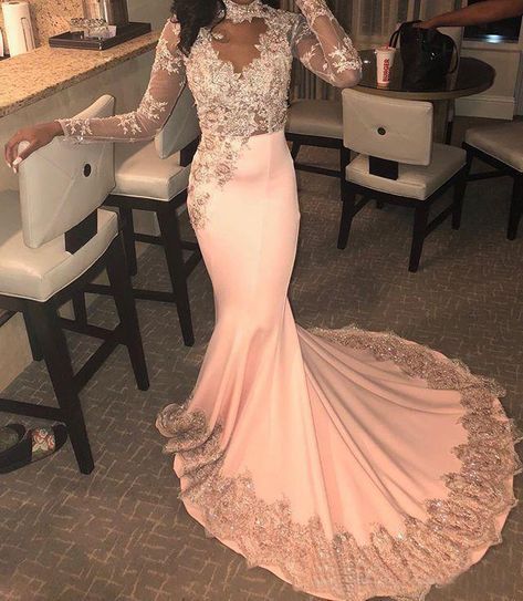 Langarm Rosa Meerjungfrau Ballkleid Spitze Applikationen Perlen High Neck Formale Abendkleider Partykleider cg11913