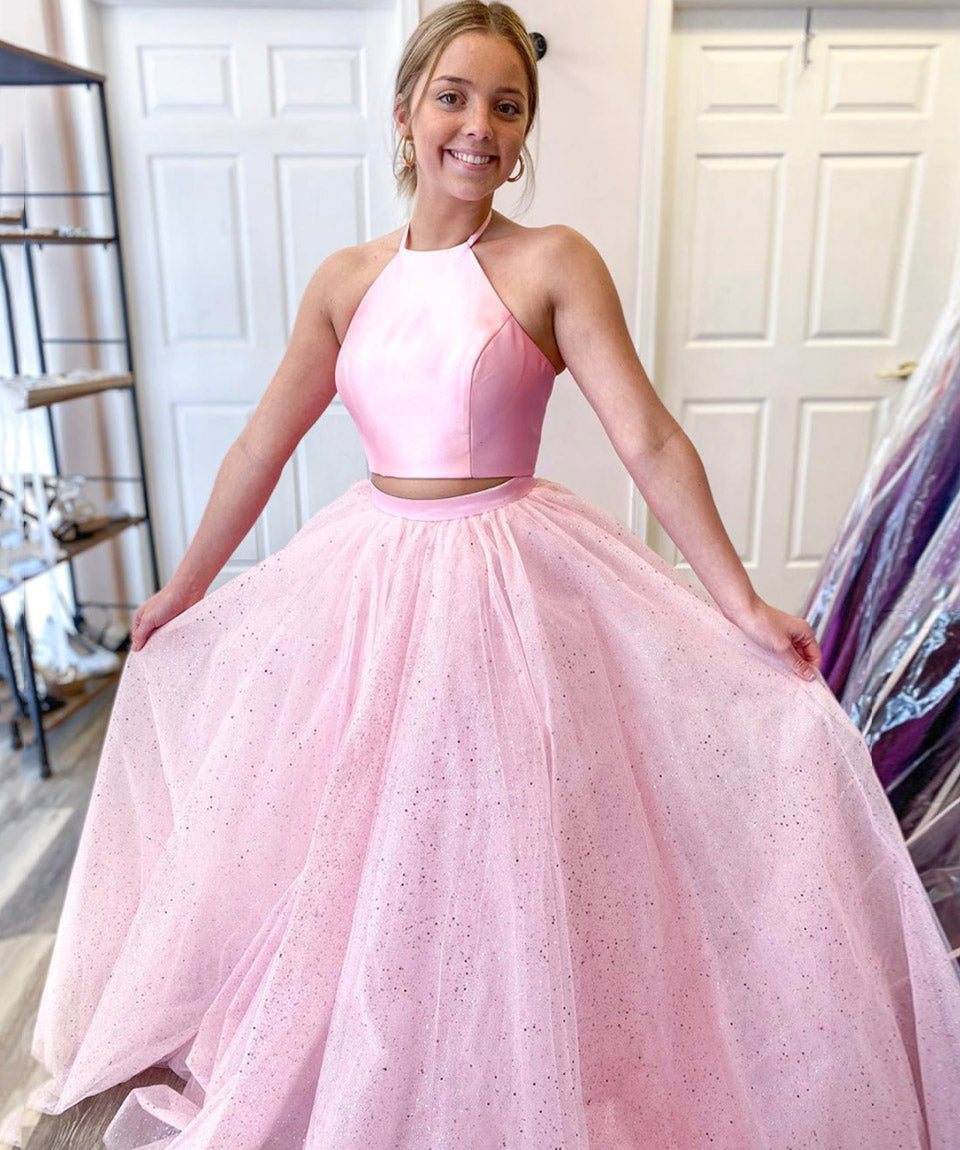 PINK TULLE LONG PROM DRESS TWO PIECES EVENING DRESS cg11920