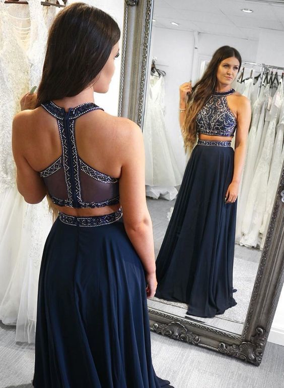 Dark Navy Two Pieces Long Prom Dresses with Beaded Bodice cg11923