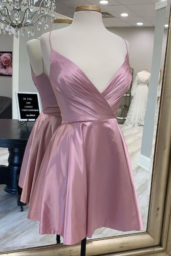 V-Neck Pleated Dusty Rose Short Party Dress Homecoming Dresses cg11948