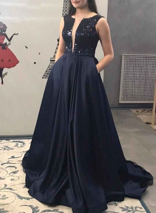 Sequins V Neck Long Satin Evening Dress, Prom Dress With Pocket cg11959