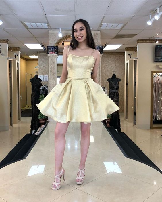 Gold Short A-line Homecoming Dress with Spaghetti Straps cg11973 –  classygown