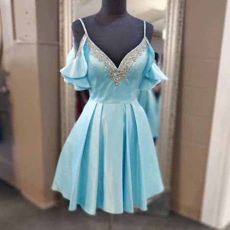 Cute Blue V neck Short Party Dress Homecoming Dress cg11977