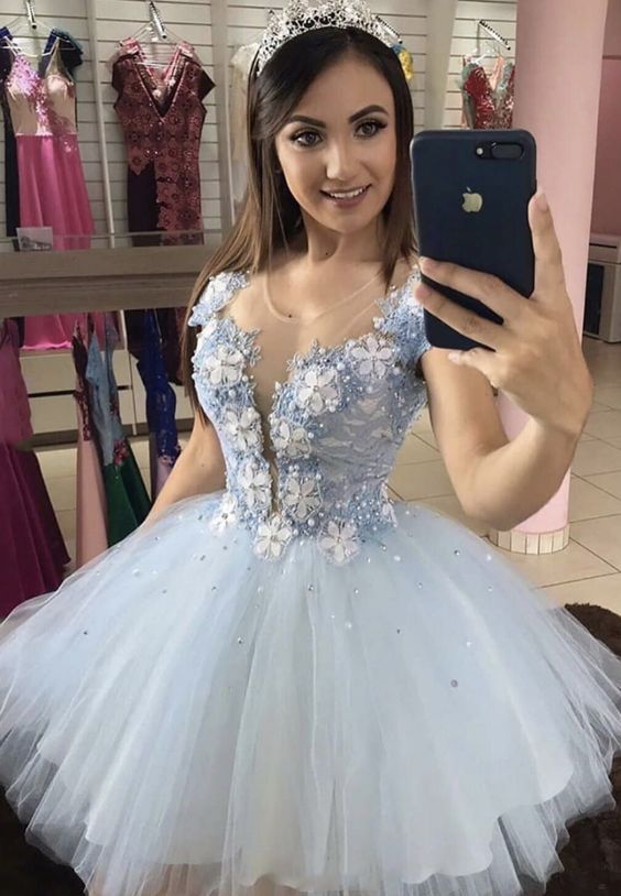 Blue v neck lace short dress homecoming dress cg11985