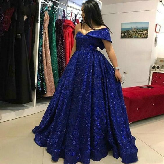 Luxury Dark Royal Blue Evening Gowns Off Shoulder Bling Bling Ball Gow –  classygown