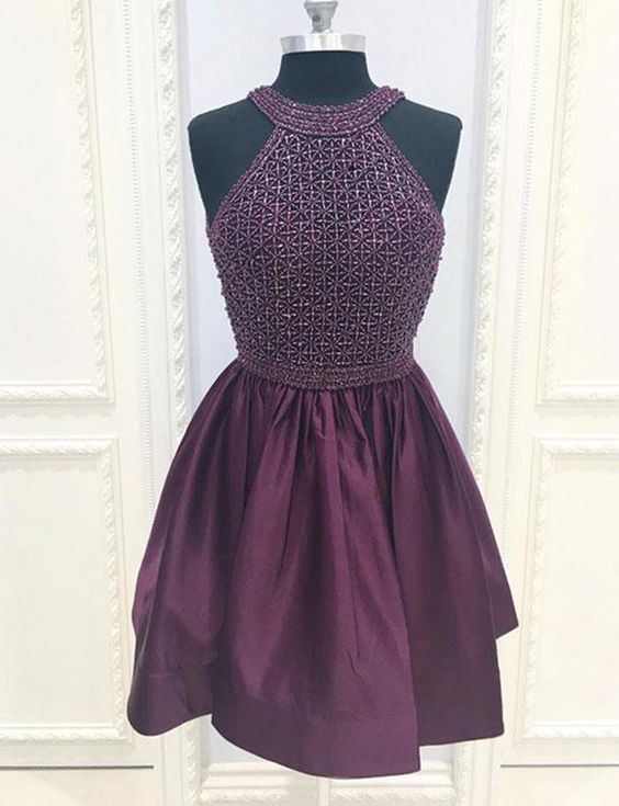 Halter Short Purple Homecoming Dress with Beading Cocktail Dress cg11993