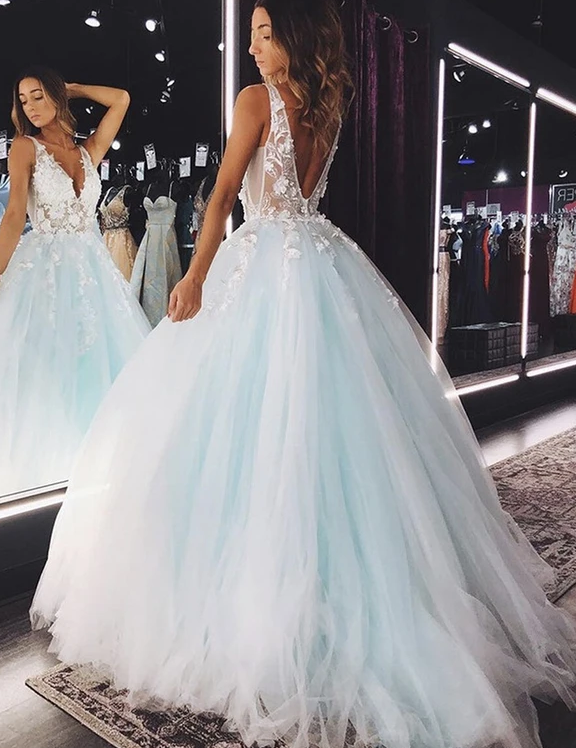 Blue lace long ball gown dress evening dress Prom Dresses cg12001