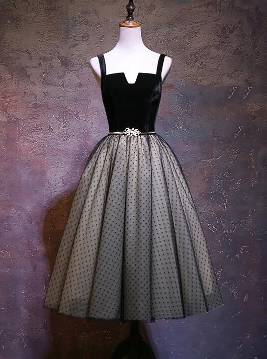 Cute Black Tea Length Tulle With Velvet Straps Party Dress, A-Line Tulle Homecoming Dress cg12002