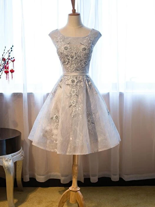 Light Grey Lace Short Homecoming Dress With Applique cg12003