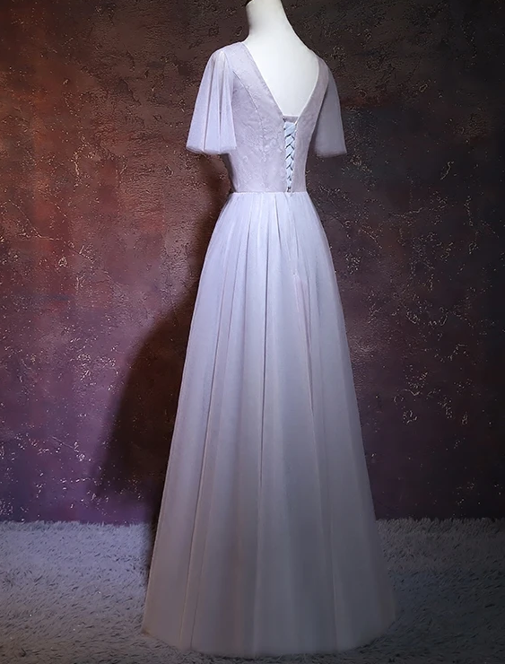 Light Grey Tulle Long V-Neckline Party prom Dress, Tulle Bridesmaid Dress cg12004