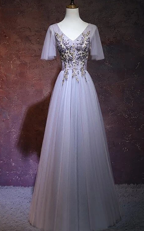 Light Grey Tulle Long V-Neckline Party prom Dress, Tulle Bridesmaid Dress cg12004