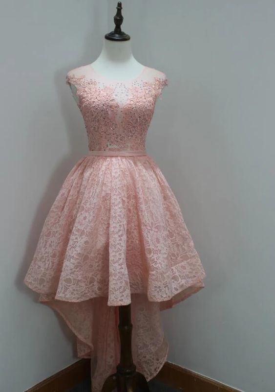 Stylish Round Neck High Low Lace Pink Homecoming Dress cg12012