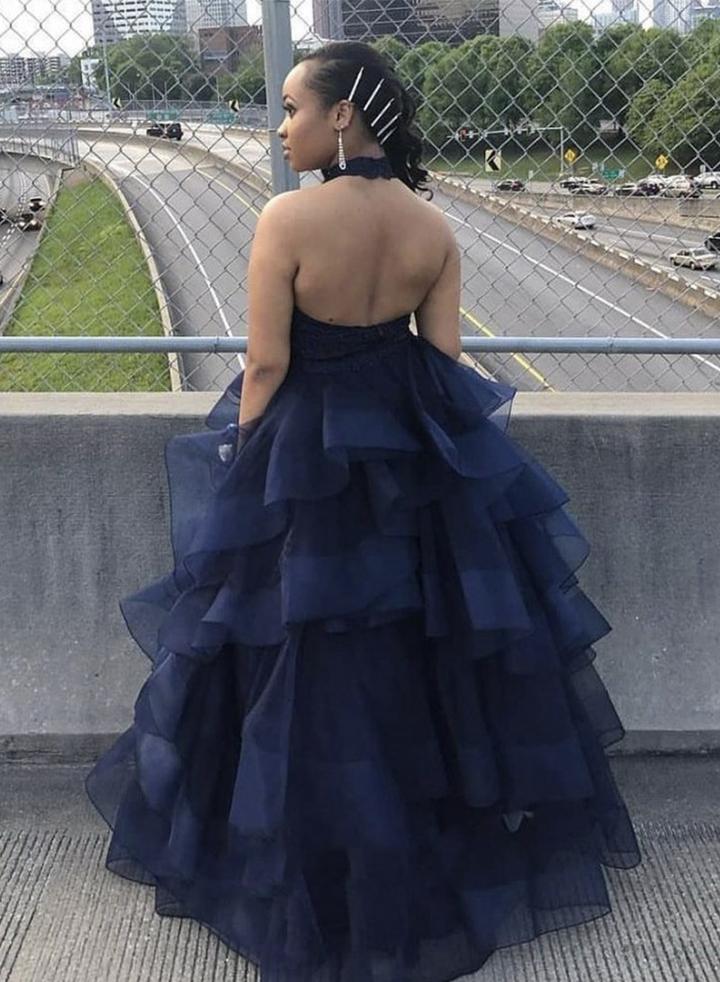 Blue lace halter neck prom dress formal dress cg12021