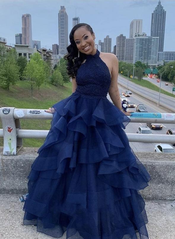 Blue lace halter neck prom dress formal dress cg12021