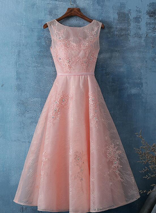 Rosa Spitze Tee Länge Einfache Brautjungfer Kleid Homecoming Kleid cg12023