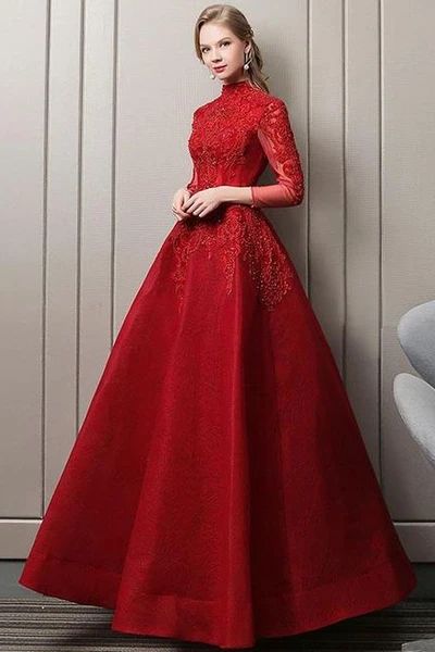 Red Party Dress A-line Prom Dress Long Sleeve Evening Dress Lace Prom classygown Red Party Dress A-line Prom Dress Long Sleeve Evening Dress Lace Prom classygown