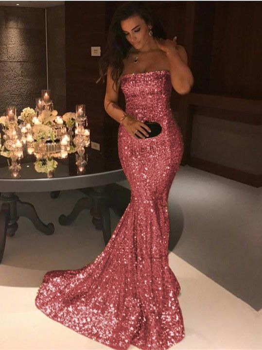 Shiny Royal Blue Sequin Mermaid Strapless Long Prom Dress Formal Evening Dresses cg12044