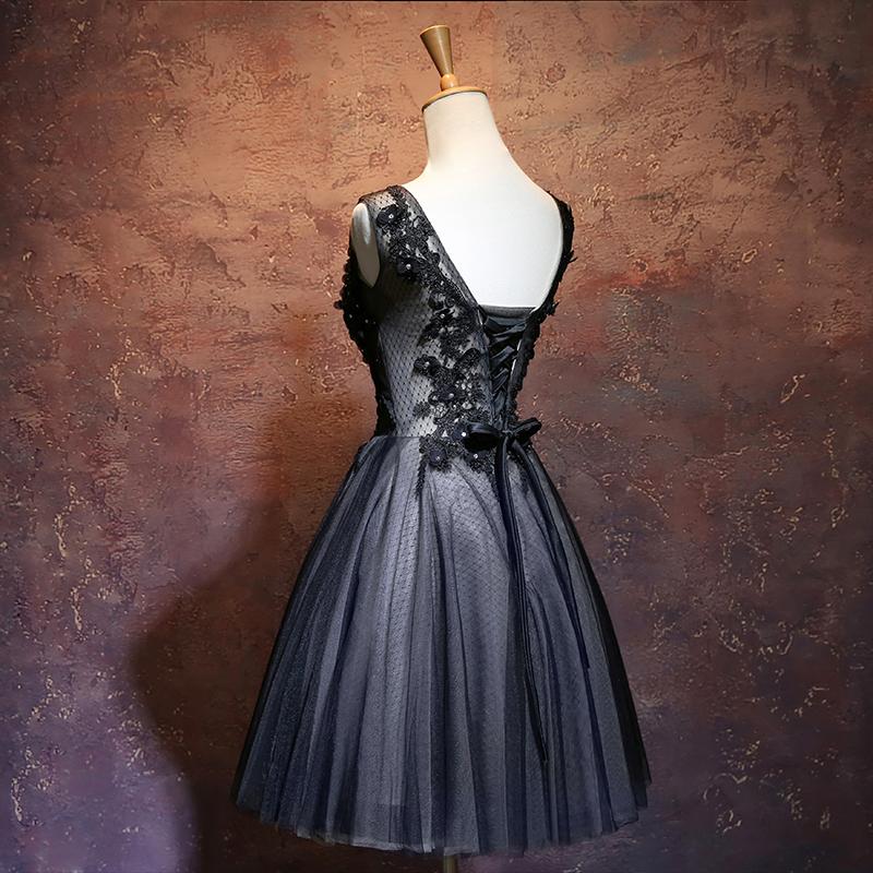 Black V-Neckline Tulle With Lace Applique Party Dress, Black Homecoming Dress cg12066