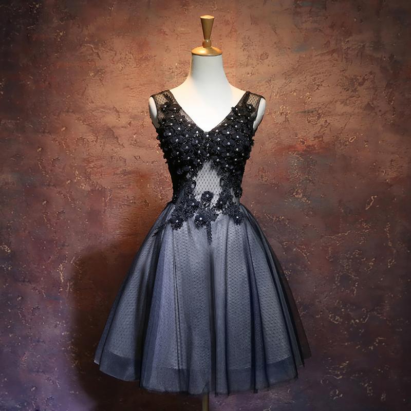 Black V-Neckline Tulle With Lace Applique Party Dress, Black Homecoming Dress cg12066