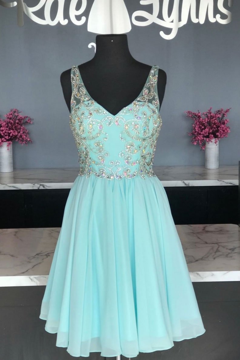 Green chiffon beads short dress green homecoming dress cg12070