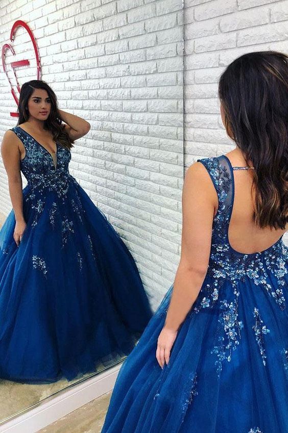 Ball Gown Royal Blue Beaded Long Plus Size Prom Gown with Open Back cg12084