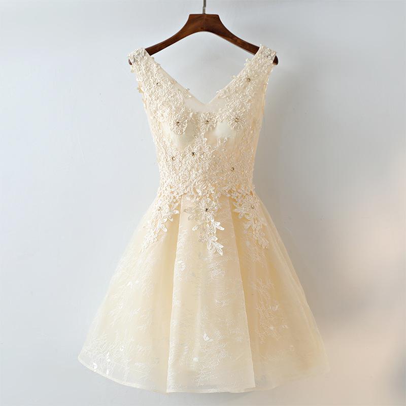 Cute Light Champagne Lace Knee Length Party Dress homecoming dress cg12087