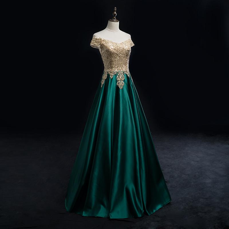 Beautiful Satin With Gold Lace Applique Long Party Dress, New Prom Dress cg12088