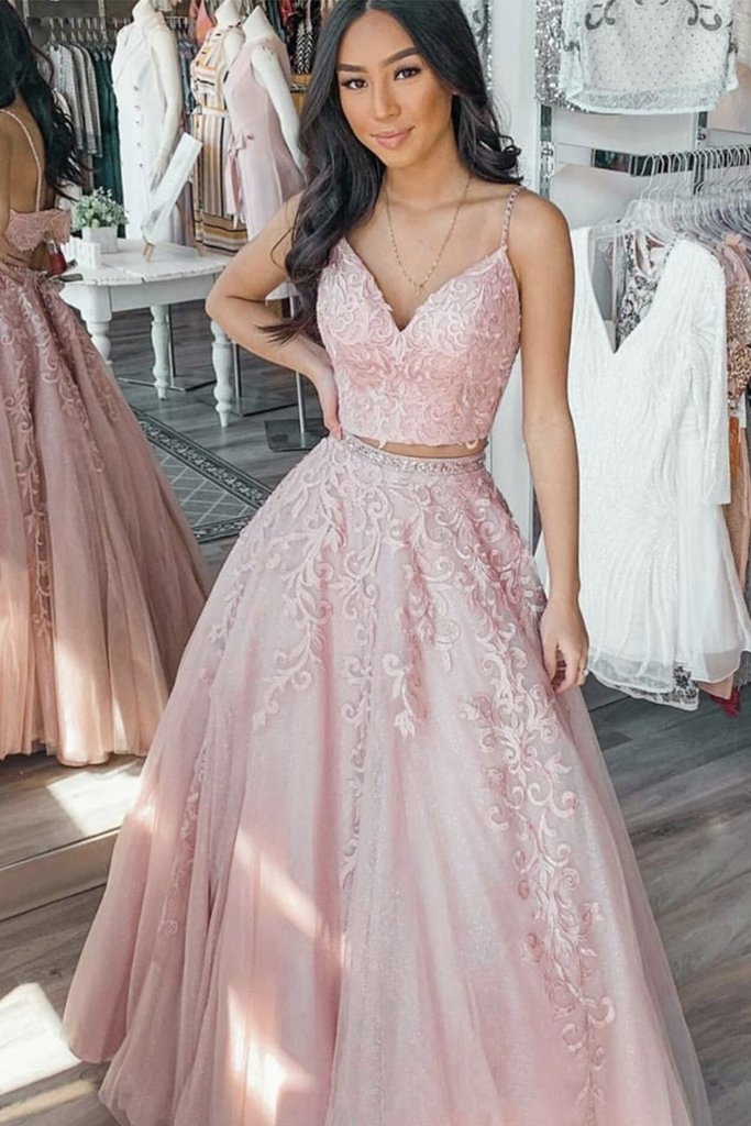 V Neck Two Pieces Pink Floral Lace Long Prom Dress, Pink Lace Formal Graduation Evening Dress cg12101